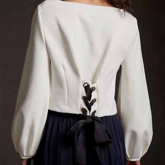 Antropologie Mauve Tie Back Ponte Pullover Ivory Long Ballon Sleeve Top Medium - Picture 2 of 2